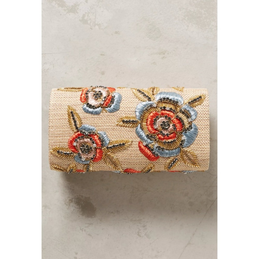 Anthropologie Mimi Clutch Womens Beaded Floral Straw Embroidered Crossbody Bag